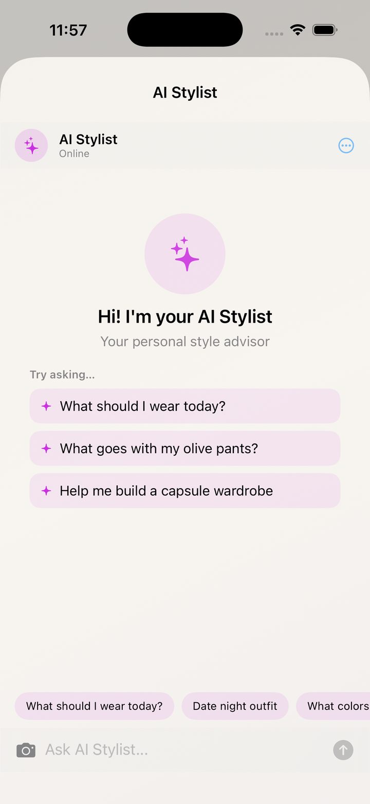 AI Stylist chat empty state with suggested prompts like What should I wear today